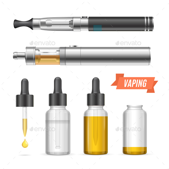 Realistic Vaping Vaporizer Liquid Set. Vector - Objects Vectors