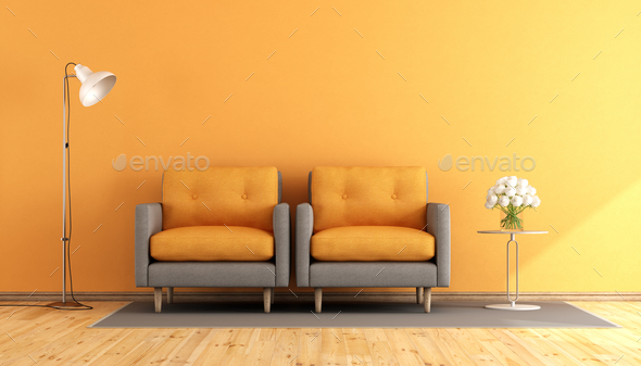 Orange and gray living room - Stock Photo - Images
