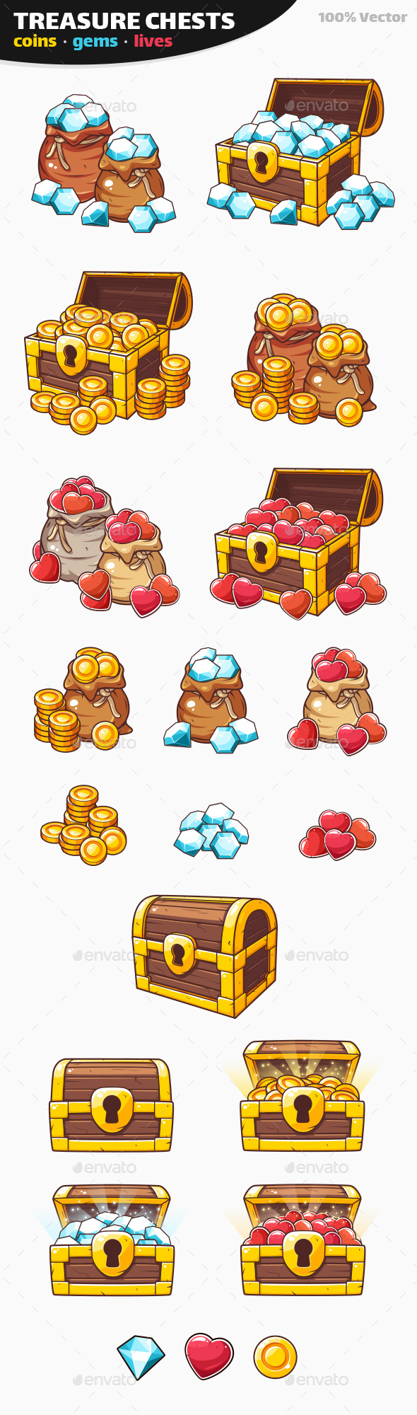 Coins with Gems and Lives Game Pack - Treasure Chest Icons, Game Assets