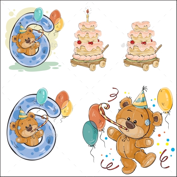 Set of Vector Illustrations with Brown Teddy Bear - Birthdays Seasons/Holidays