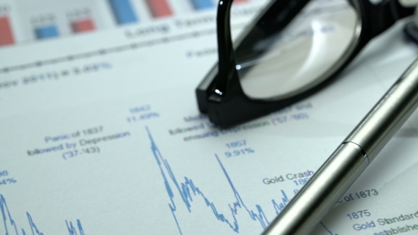 Tracking  Shot of Office Desk with Business Graphics, Glasses, Pen and Notebook.