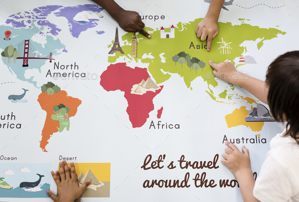 Kids Learning World Map with Continents Countries Ocean Geograph - Stock Photo - Images