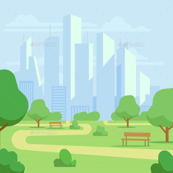 Cartoon Public City Park with Skyscrapers - Miscellaneous Vectors