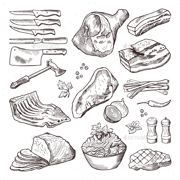 Different Meat Food. Pork, Bacon and Kitchen - Food Objects