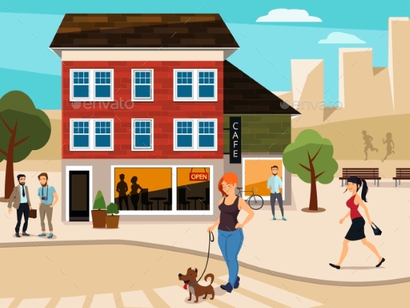 Urban Illustration with Walking People - Buildings Objects