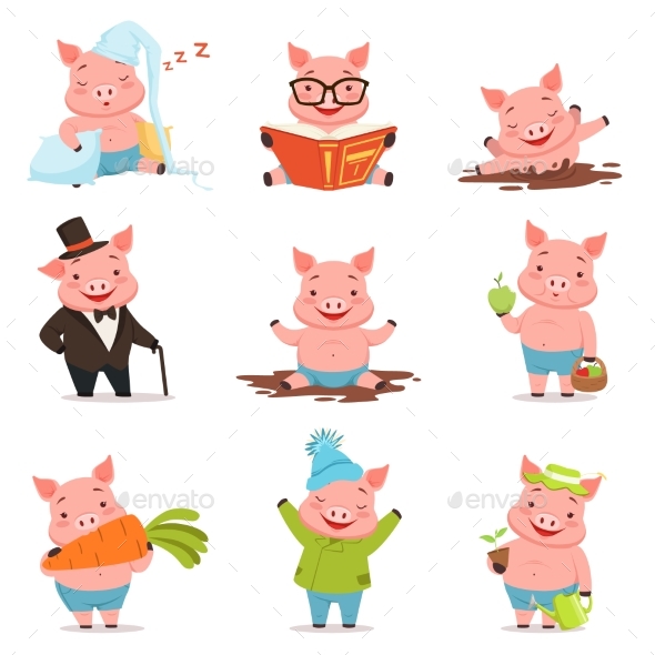 Little Pigs in Different Situations Set - Animals Characters