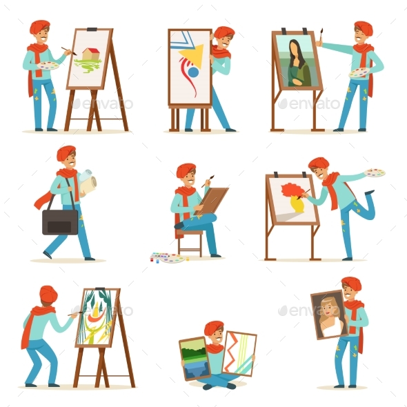Happy Smiling Artist Painting on Canvas Set - Miscellaneous Vectors