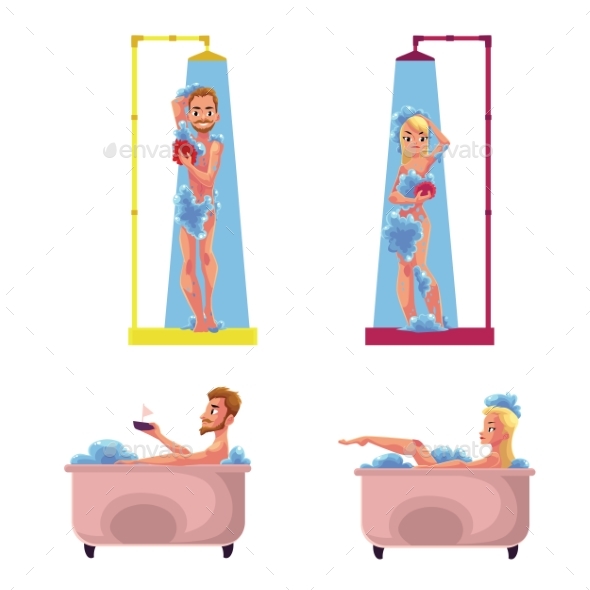 Taking Shower and Bath Washing - People Characters