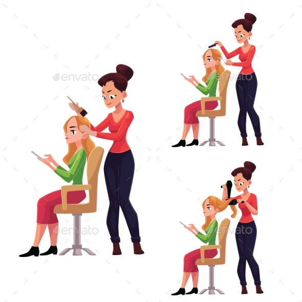 Hairdresser Cutting, Dying and Drying Hair for Woman - People Characters