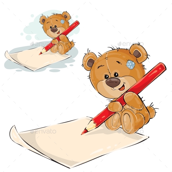 Brown Teddy Bear Holding Pencil - Animals Characters