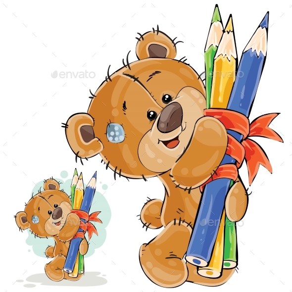 Brown Teddy Bear Holding Pencils - Animals Characters