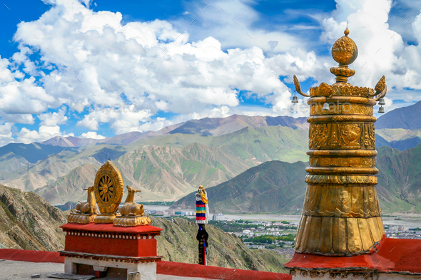 The golden deer and the dharma wheel in tibetan monastery