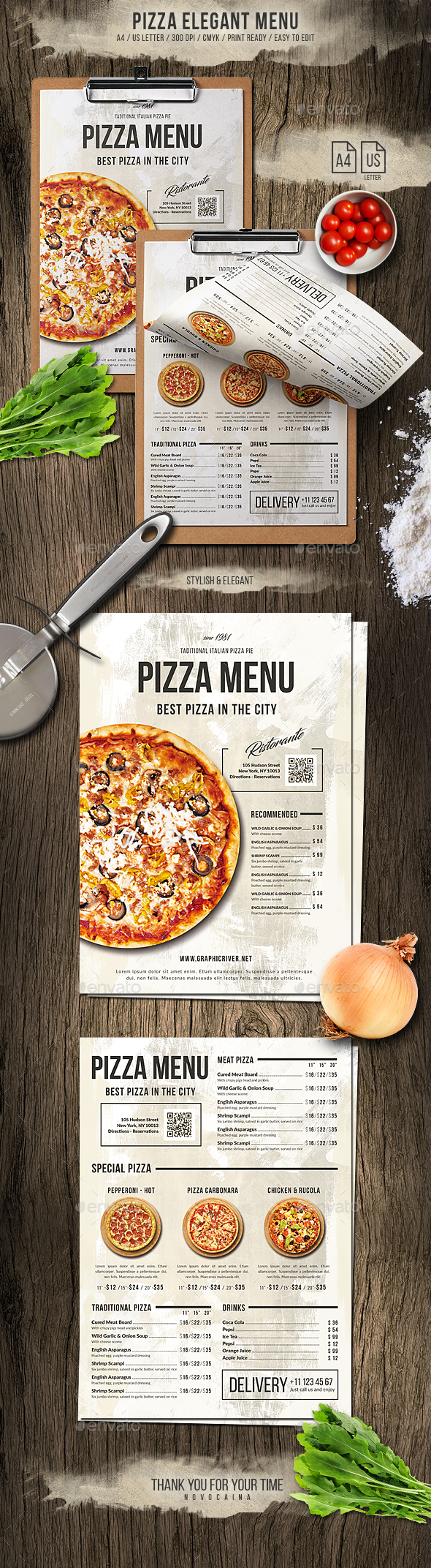 Pizza Elegant Menu - A4 and US Letter - Food Menus Print Templates
