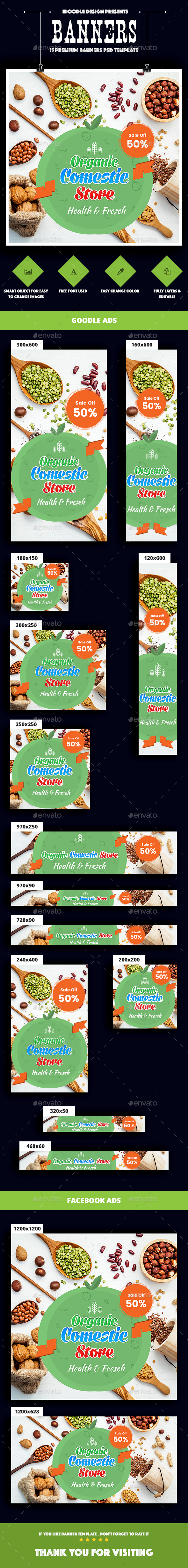 Organic Comestic, Fresh Food Banner Ads - Banners & Ads Web Elements