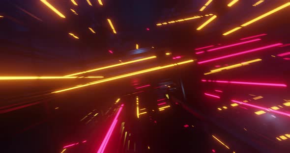 Abstract lights and landscape, Flying in VR futuristic city. 