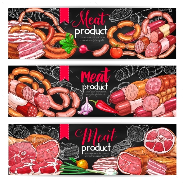 Meat and Sausage Menu Blackboard Banner Set - Food Objects