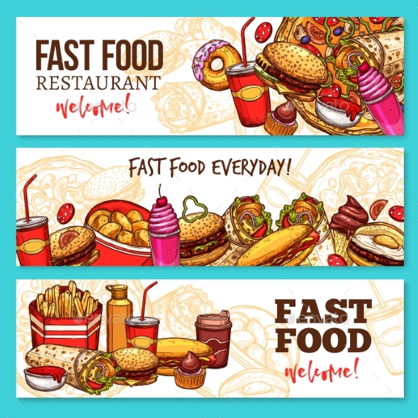 Fast Food Restaurant Sketch Banner Set Design - Food Objects