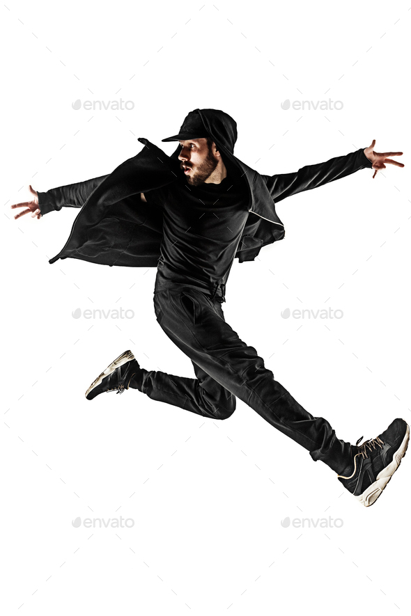 The silhouette of one hip hop male break dancer dancing on white background  Stock Photo by master1305