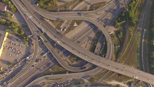 Aerial Footage of Highway and Overpass with Cars and Trucks