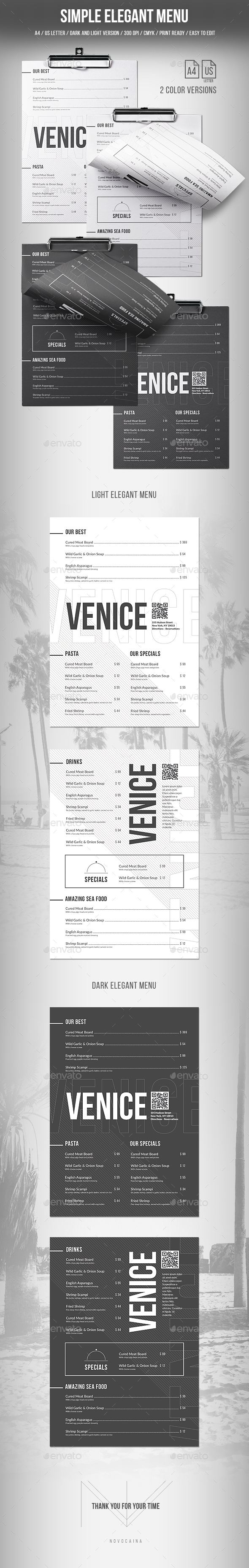 Simple Elegant Menu - A4 and US Letter - 2 Color Versions - Food Menus Print Templates