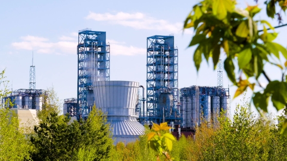 Oil Refinery with Green Leaves in the Foreground