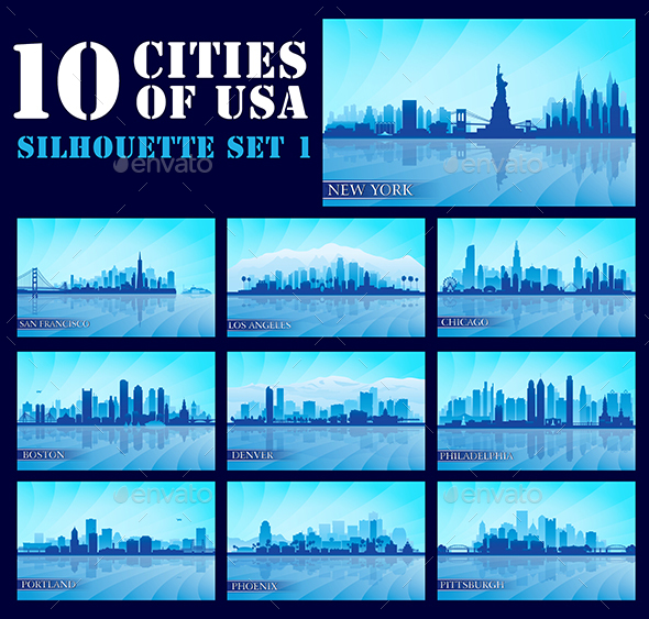 Set of 10 Silhouettes USA Cities - Backgrounds Decorative