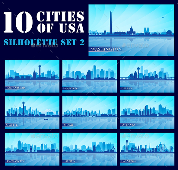 Set of 10 Silhouettes USA Cities #2 - Backgrounds Decorative