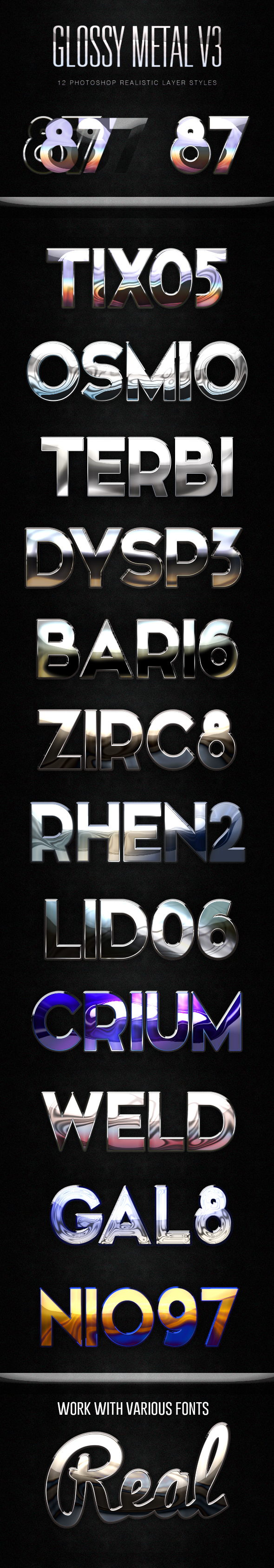 Glossy Metal Photoshop Layer Styles V3 - Text Effects Styles