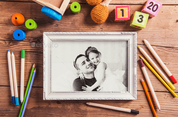 Fathers day concept. Black-and-white photo. Various toys. - Stock Photo - Images