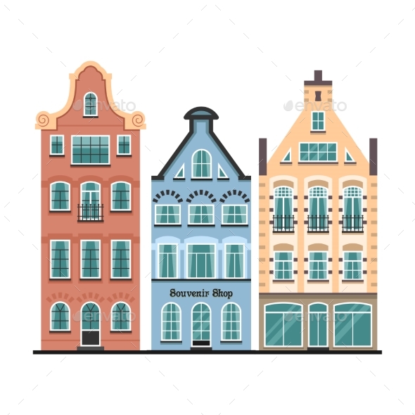 Set of 3 Amsterdam Old Houses Cartoon Facades - Buildings Objects