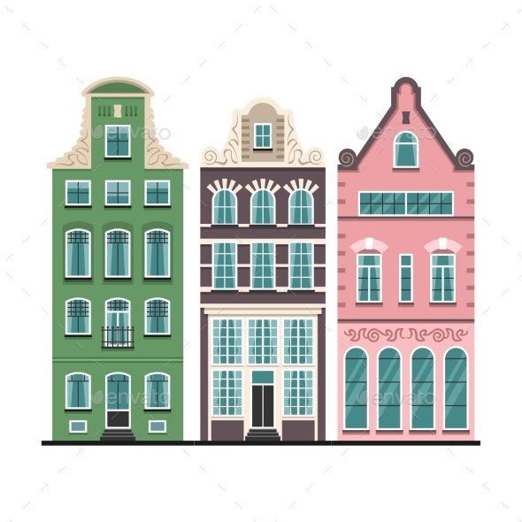 Set of 3 Amsterdam Old Houses Cartoon Facades - Buildings Objects