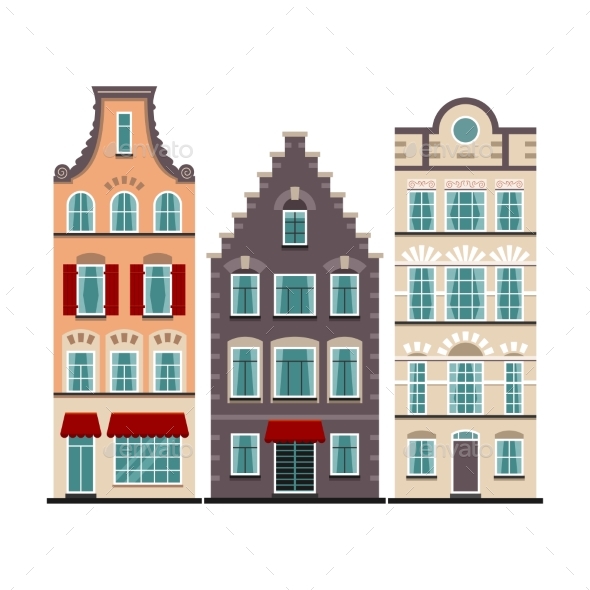 Set of 3 Amsterdam Old Houses Cartoon Facades - Buildings Objects