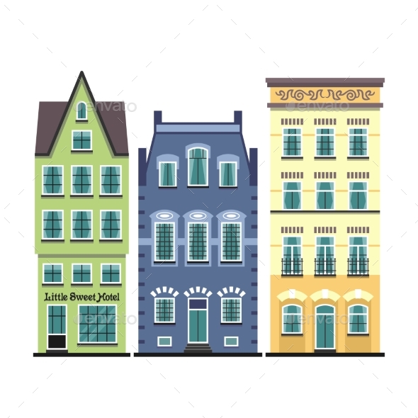 Set of 3 Amsterdam Old Houses Cartoon Facades - Buildings Objects