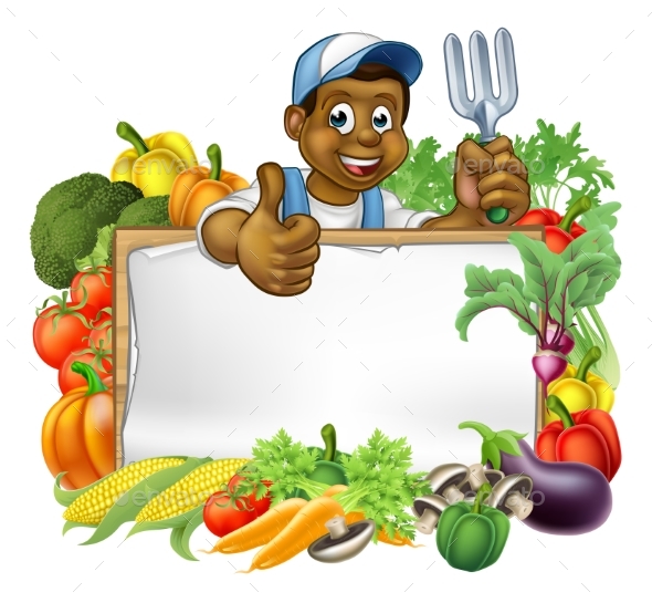 Cartoon Black Gardener Vegetables Sign - Food Objects