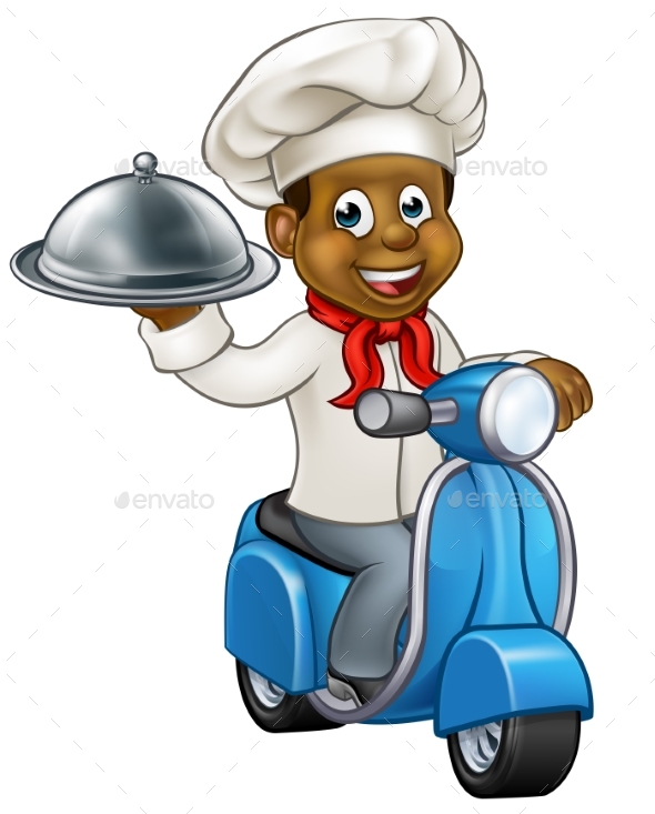 Cartoon Black Delivery Moped Scooter Chef