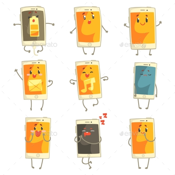 Cartoon Emoticon Phones with Funny Faces Set - Technology Conceptual