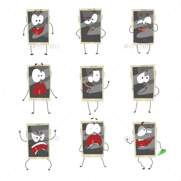 Cartoon Emoticon Phones with Gray Faces Set - Technology Conceptual