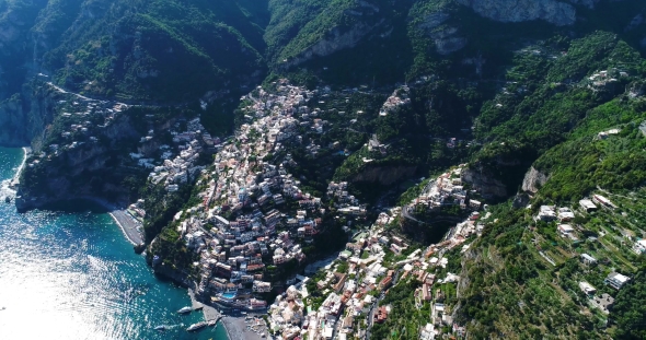 Beautiful Flight Over Positano at Amalfi Coast in Italy