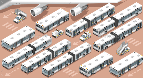 Airport Terminal Airfield Bus Shuttle 3D Vehicle Isometric Set - Vectors