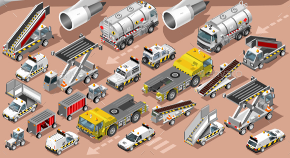 Airport Terminal Airfield Vehicles 3D Vehicle Isometric Set - Vectors