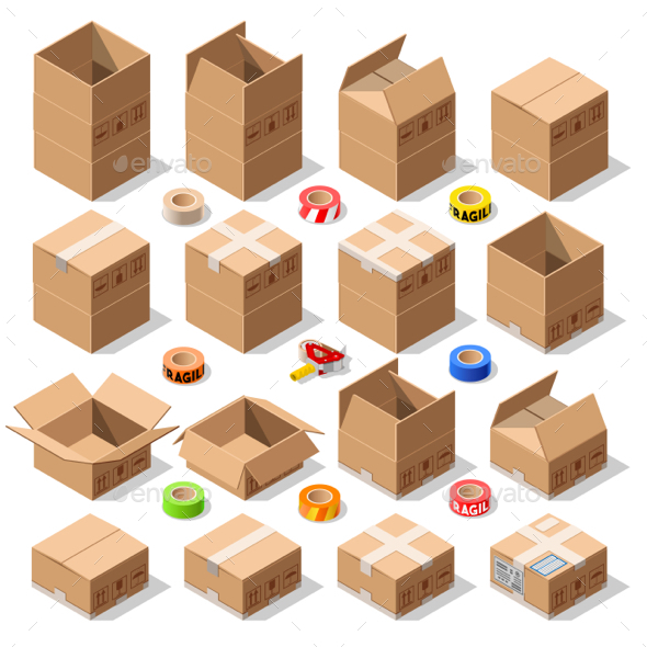 Cardboard Delivery Box Packaging 3D Isometric Vector Icons - Vectors