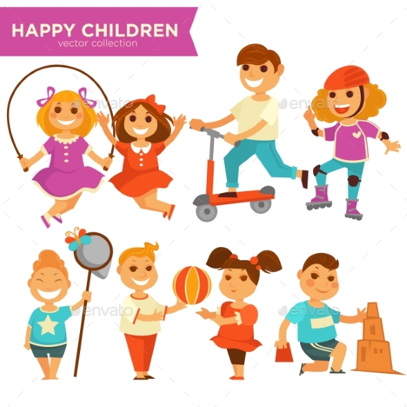 Happy Children Playing Outdoor Games Vector Icons - Landscapes Nature