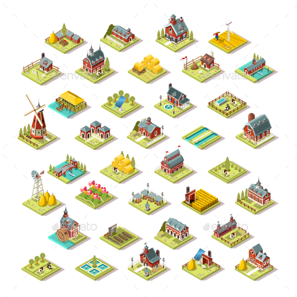 Isometric Isolated Farm Building Icon Set Vector Illustration - Buildings Objects