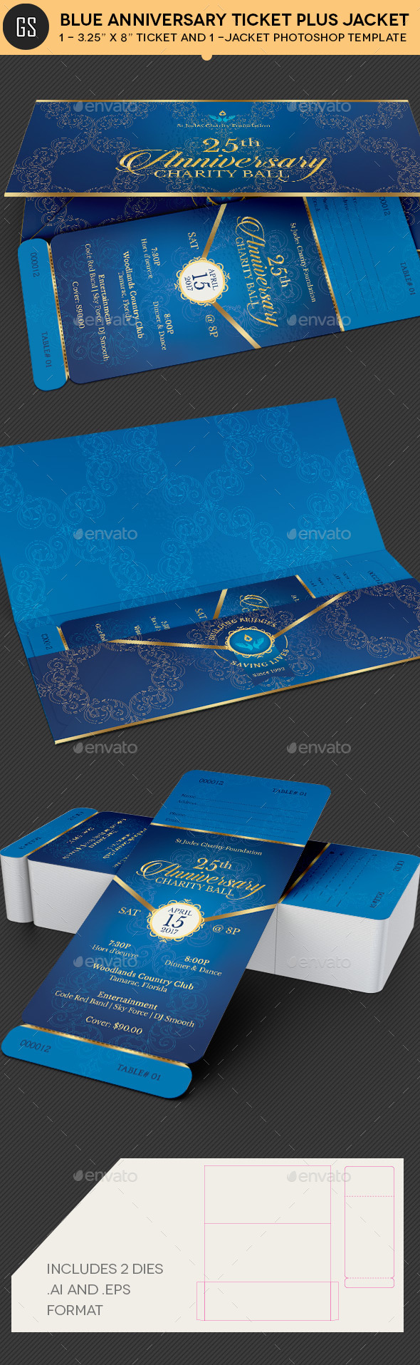 Blue Anniversary Gala Ticket Plus Jacket Template - Miscellaneous Print Templates