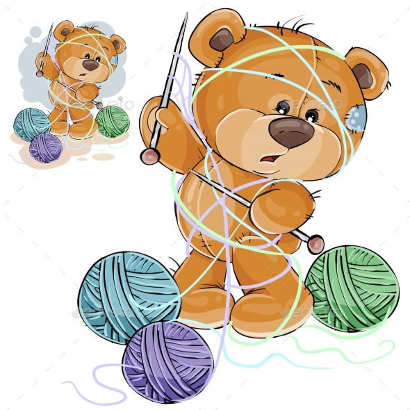 Brown Teddy Bear Holding Knitting Needle - Animals Characters