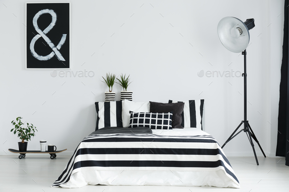 Skateboard, plants, and lamp in bedroom - Stock Photo - Images