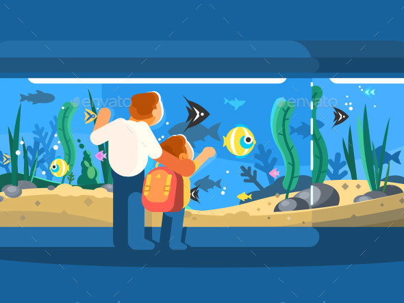 Dad with Son in Oceanarium - Miscellaneous Vectors
