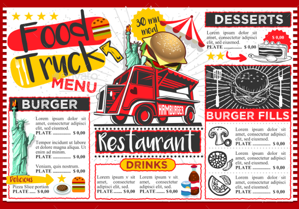 Fast Food Truck Hipster Menu Street Food Festival Vector Template - Vectors