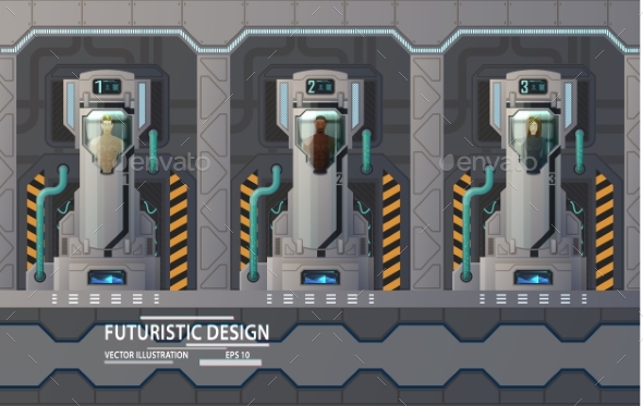 Humans, People at Cryogenic Capsules in Spaceship - Technology Conceptual