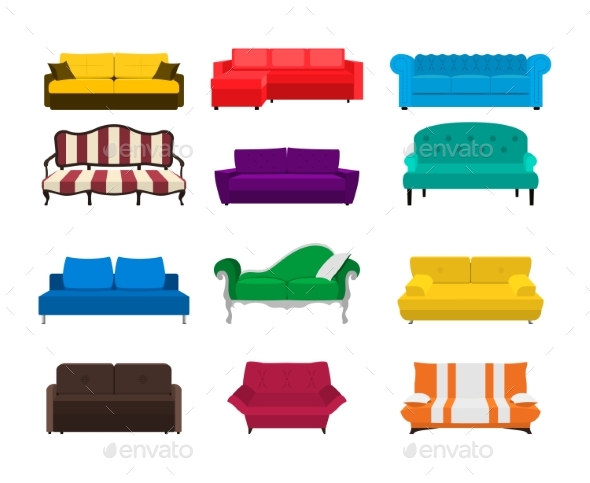 Vector Sofa Set Icon. Colored Collection Isolated - Objects Vectors